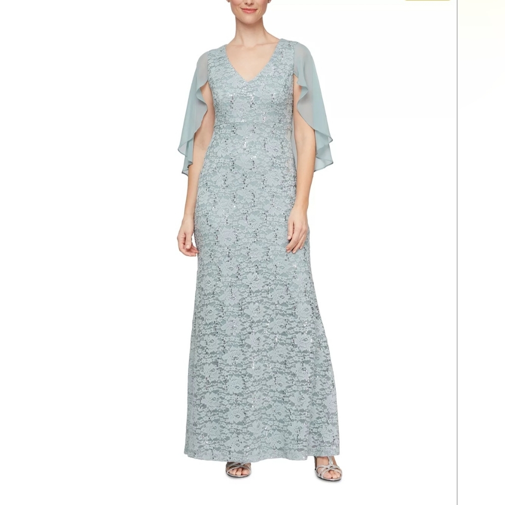 Ignite Evenings Lace V-neck Capelet Gown with sequin accents